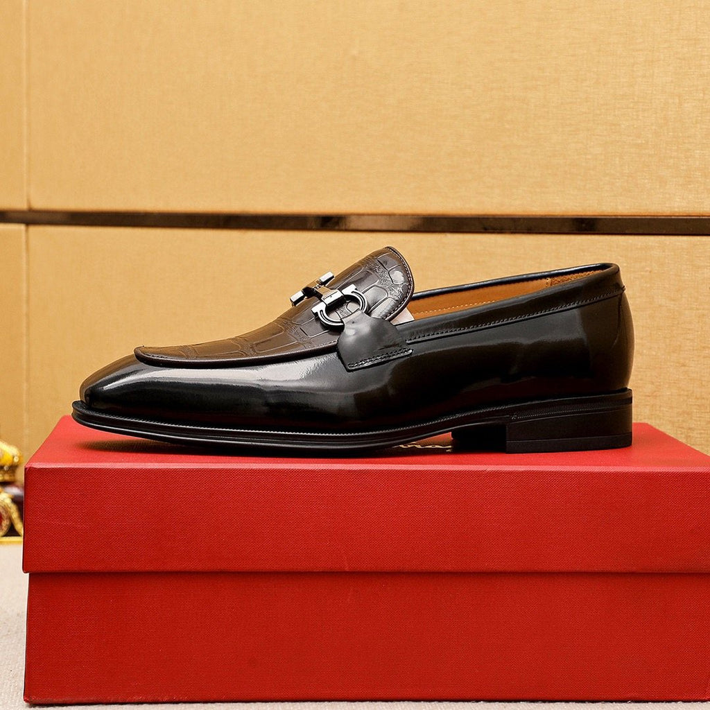 Ferragamo Embossed Bit Loafers - Dark Brown and Black