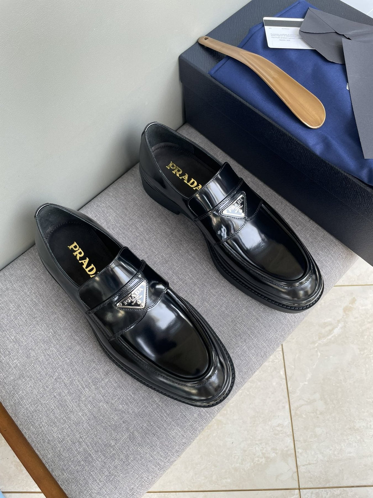 Prada Men's Black Glossy Plaque Loafers